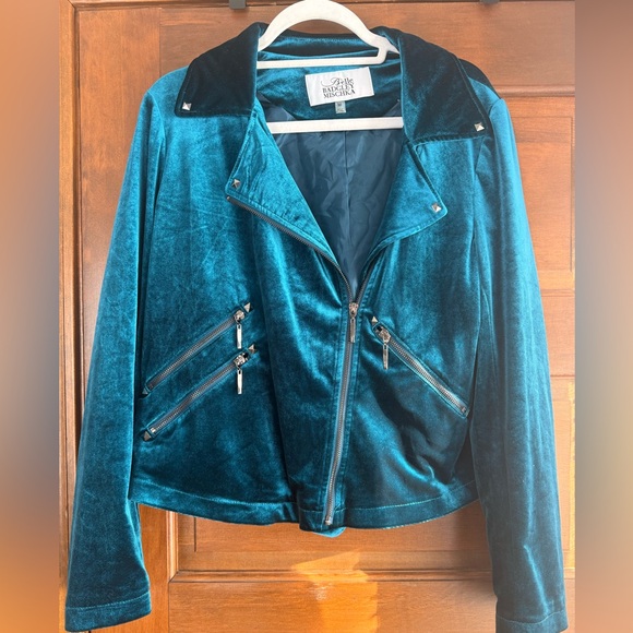 Belle by Badgley Mischka Teal Velvet Moto Jacket - Picture 3 of 9